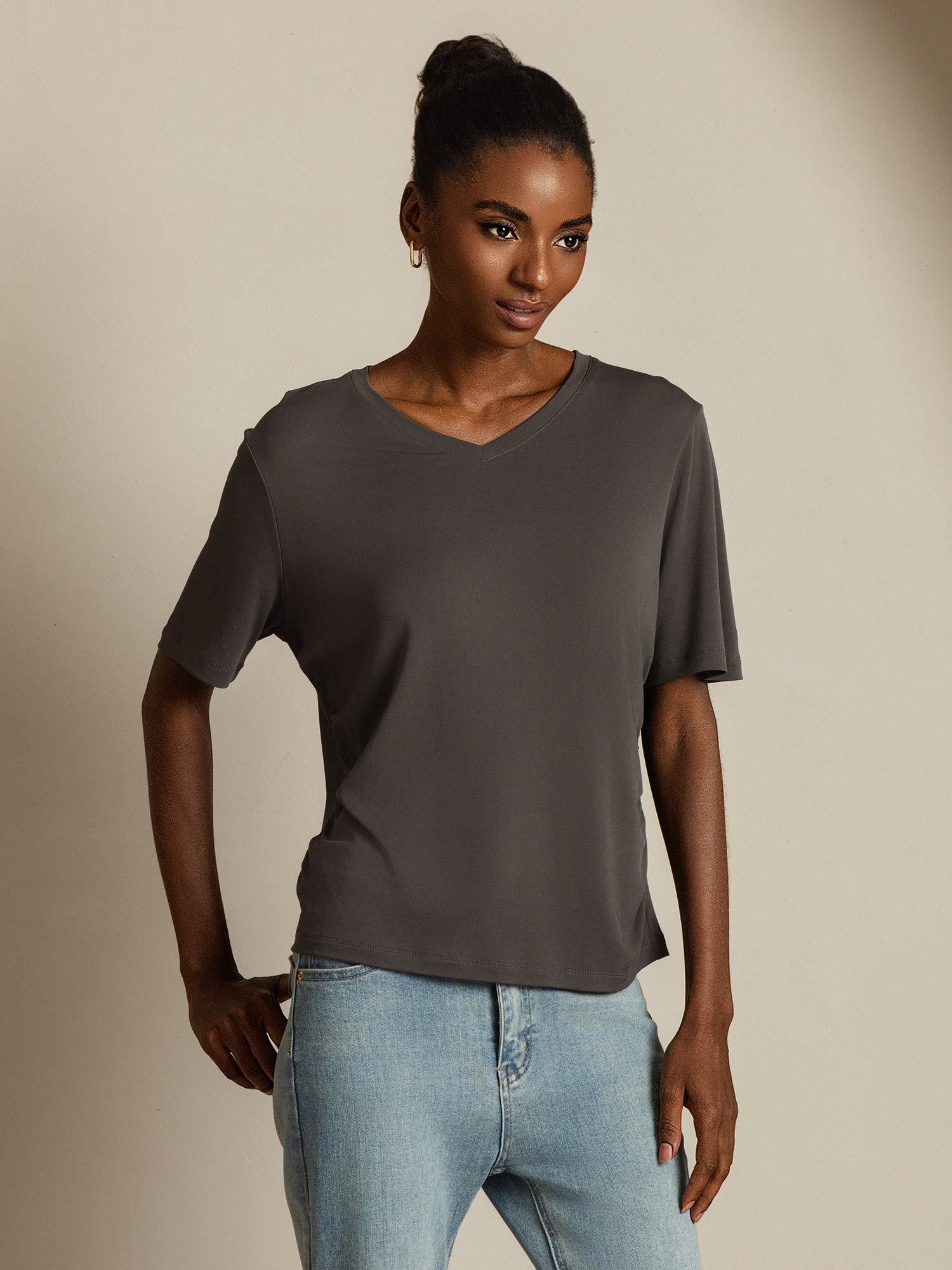 [Gray] SilkSilky Pure Silk V Neck Women's T-Shirt 006