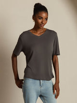 [Gray] SilkSilky  100% High-Twist Silk Jersey Short Sleeve V Neck Women's T-Shirt 006