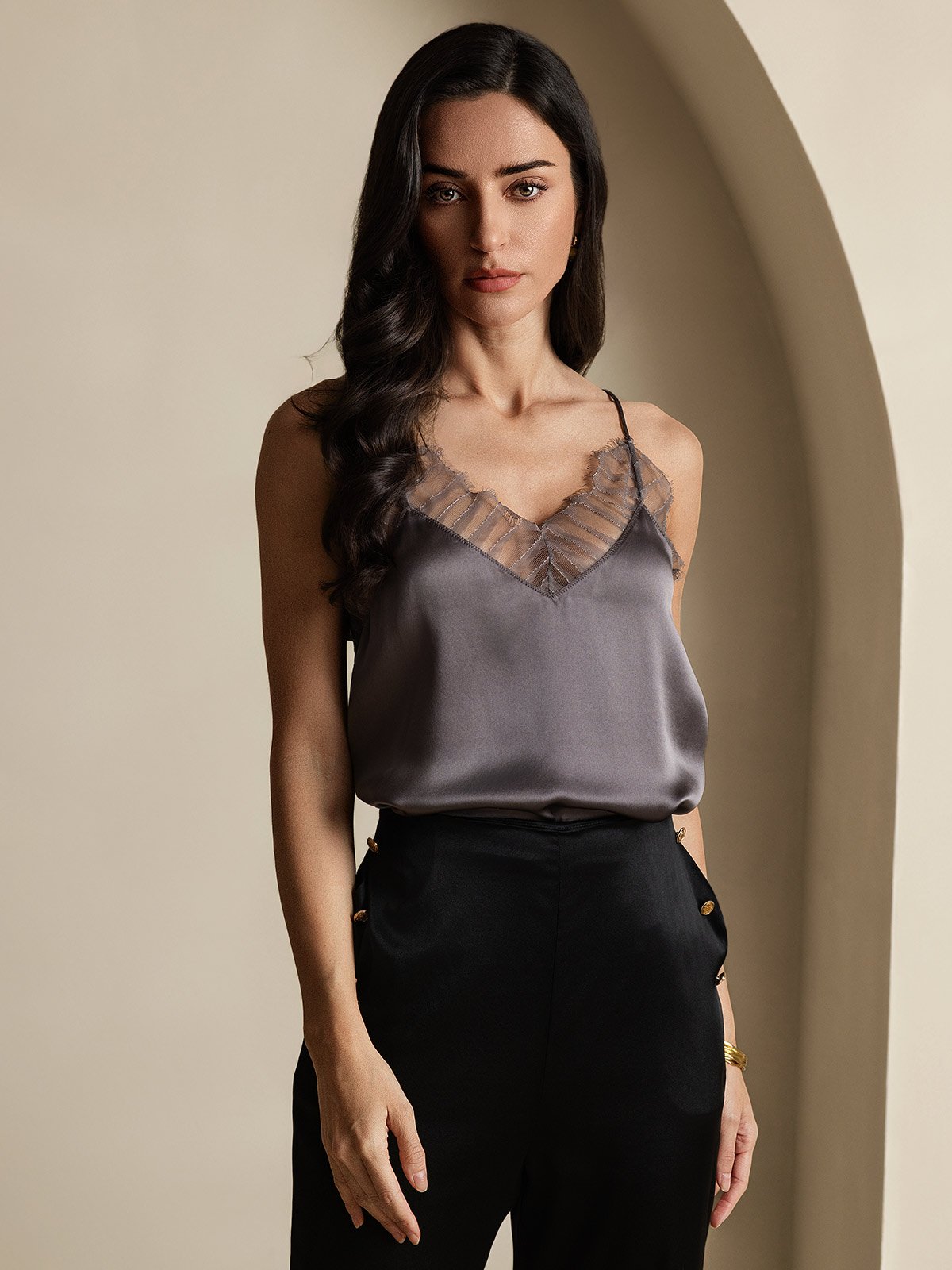 SilkSilky Silk Deep V Neck Camisole Top PurpleGray 003