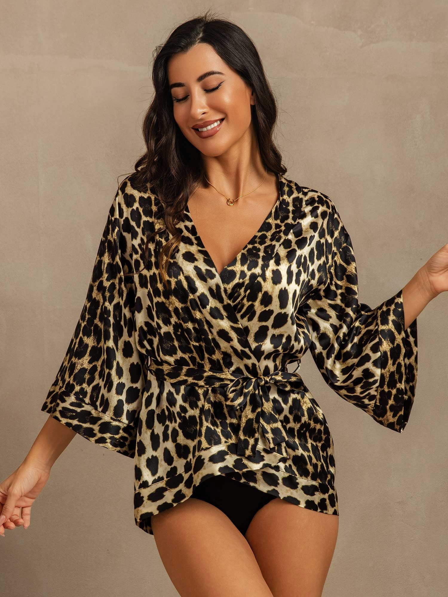 [Leopard] SilkSilky  19Momme Silk Womens Robe 001,