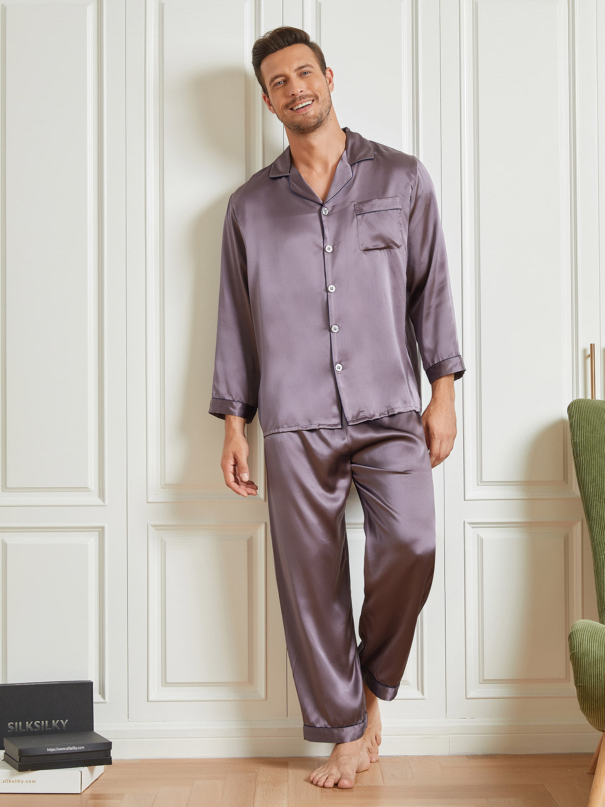 SilkSilky US 19Momme Pure Silk Long Sleeve Lapel Men's Pajamas Gray 003