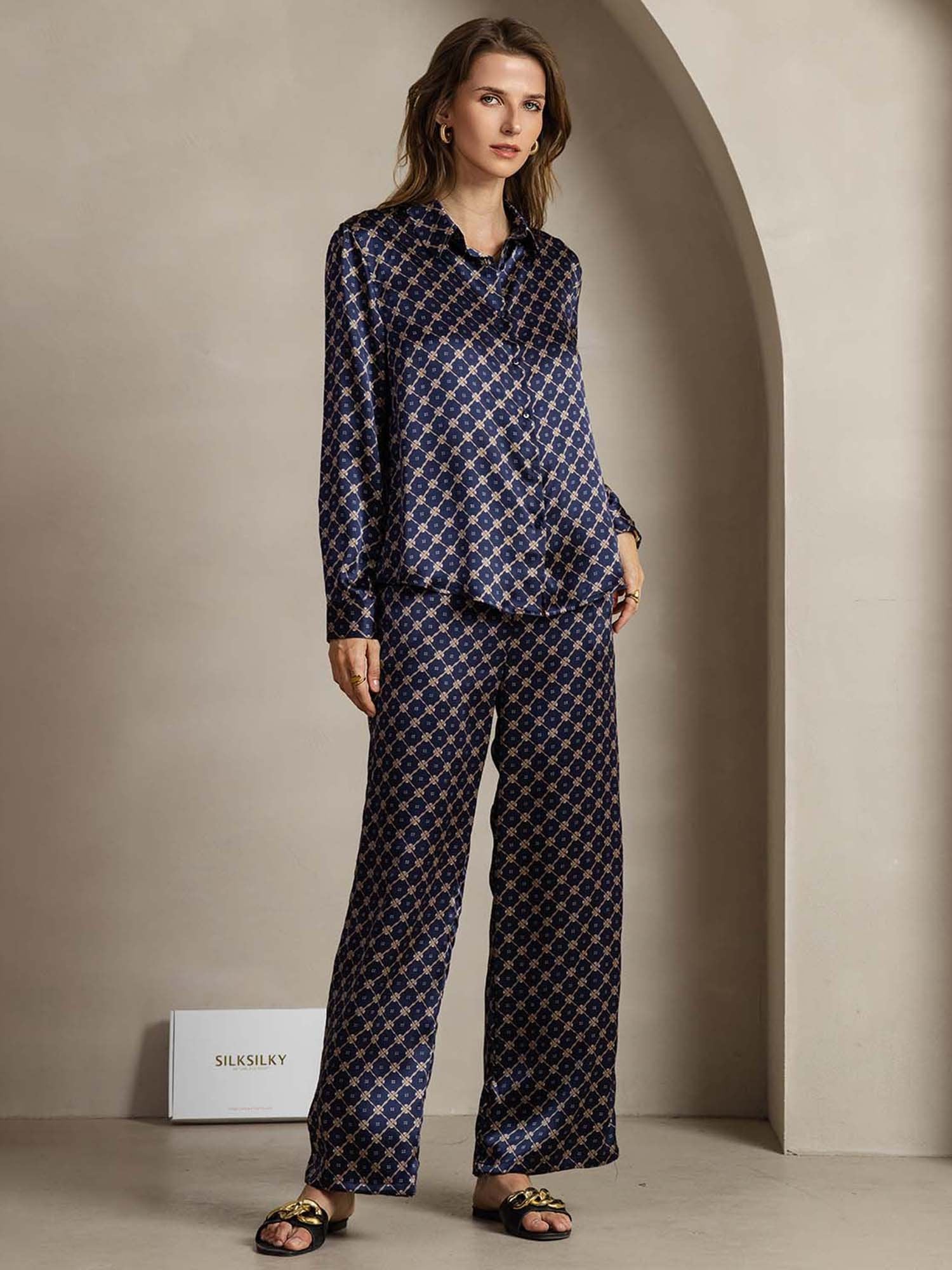 [Navy Chain] SilkSilky  19Momme Silk Lapel Collar Women''s Outfit Sets 001