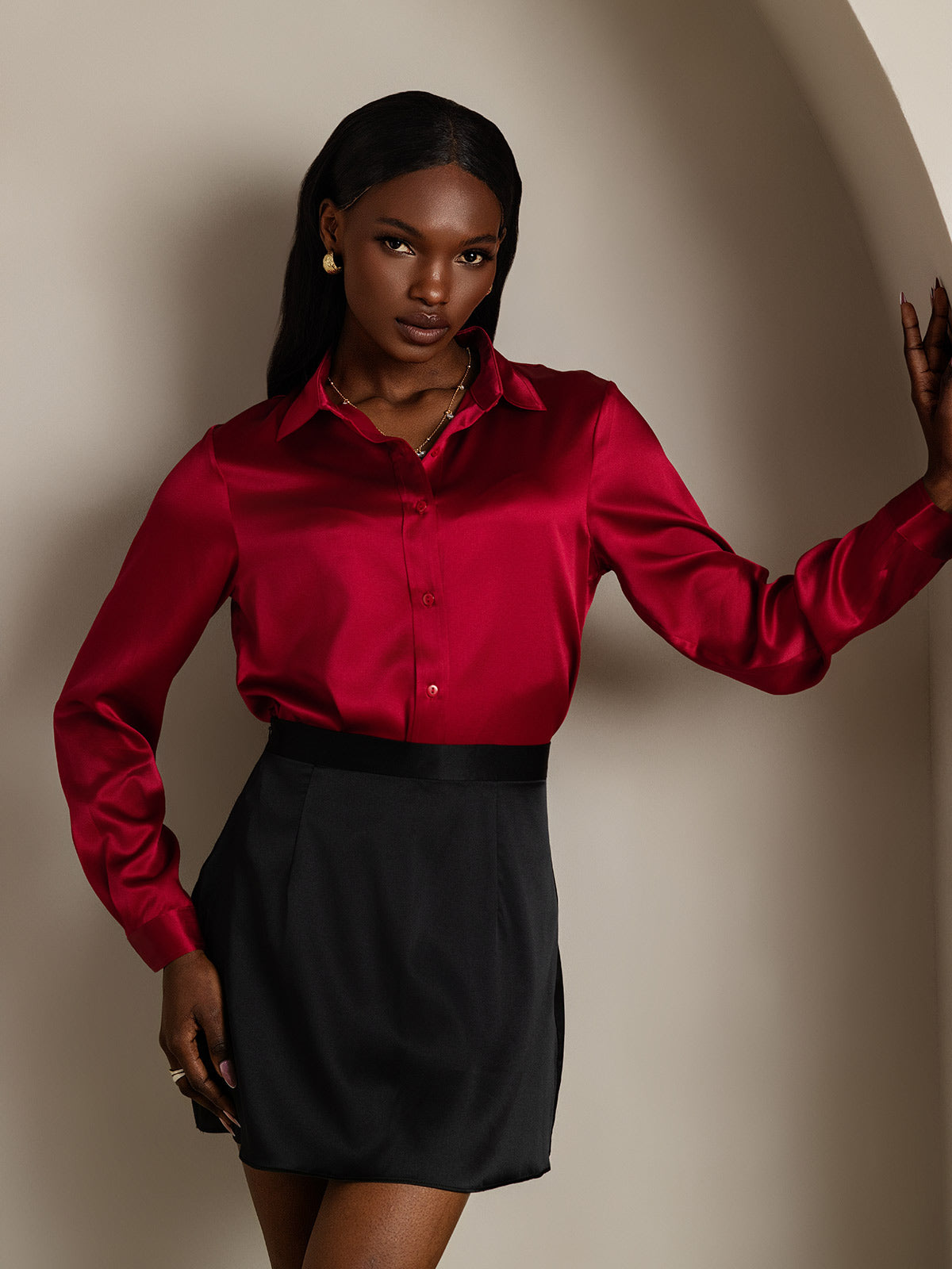 SilkSilky  19Momme Silk Long Sleeve Collar Women's Shirt Wine 007