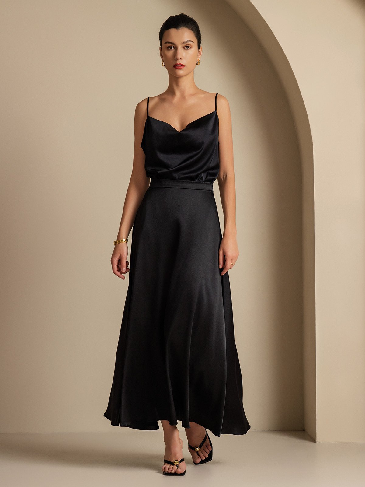 [Black] SilkSilky  19Momme Silk Cowl Neck Women''s Outfit Sets 001,