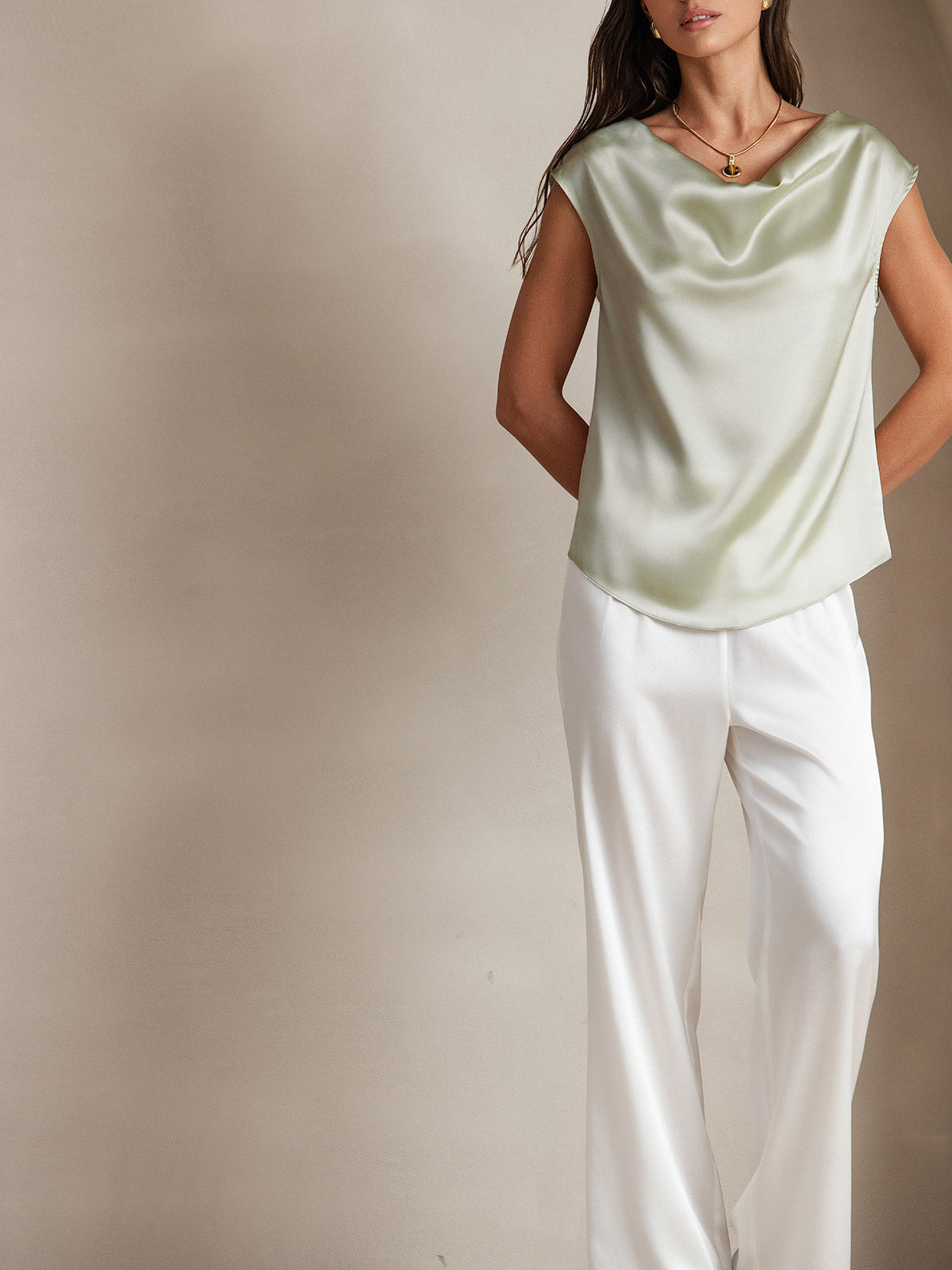 [Light Green] SilkSilky  19Momme Silk Cowl Neck Women's T-Shirt 004