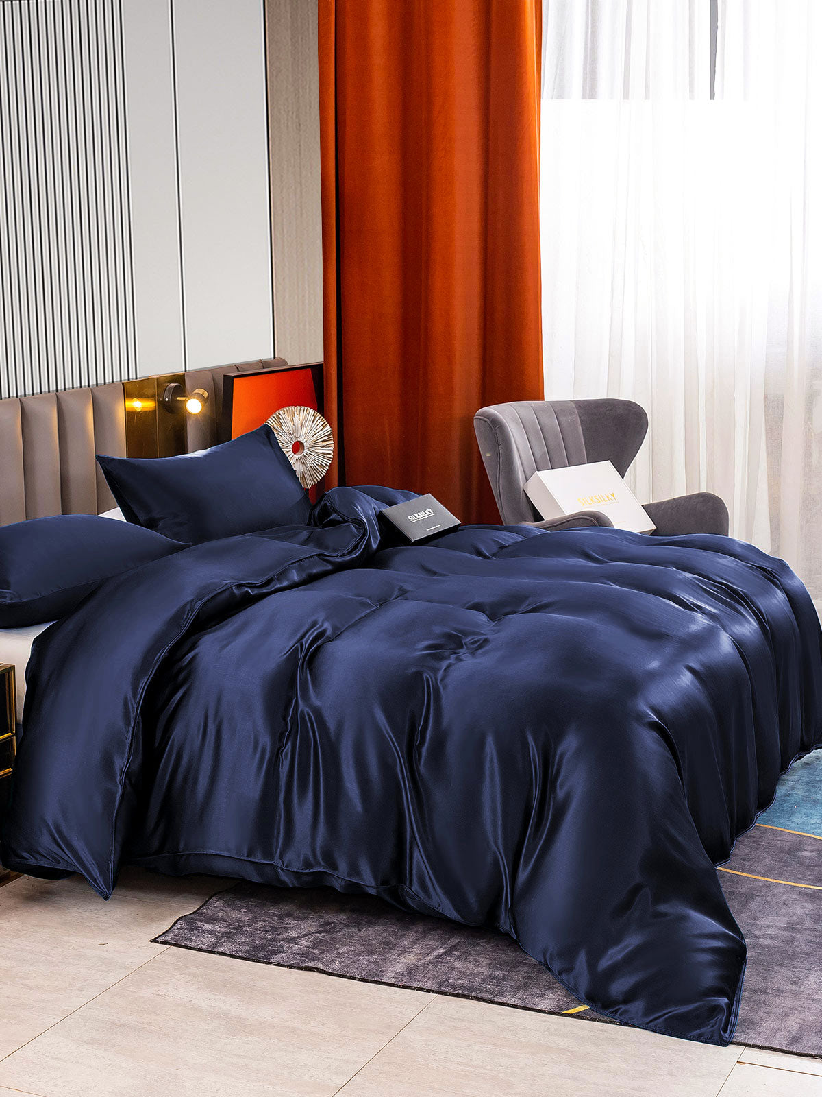 SilkSilky US 22Momme Pure Silk Bedding Set DarkBlue 003