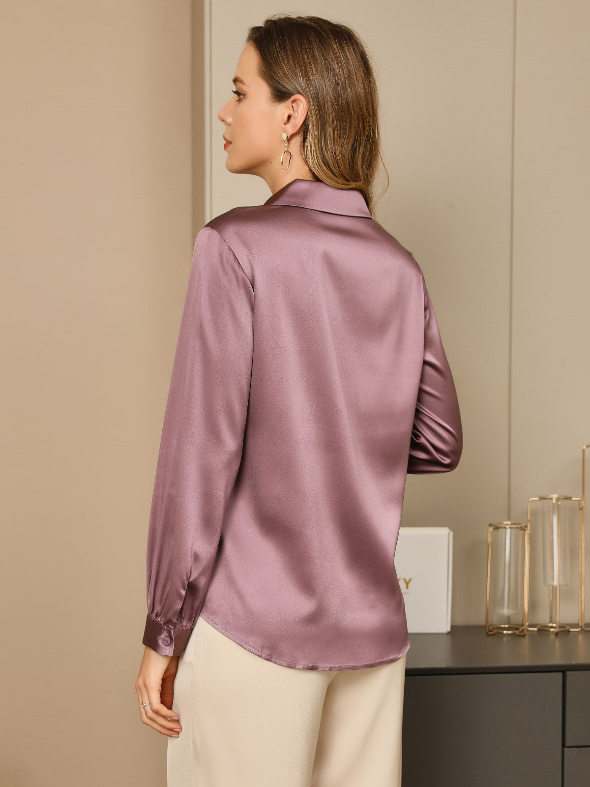 SilkSilky US 19Momme Silk Blend Long Sleeve Collar Women's Shirt PaleMauve 002