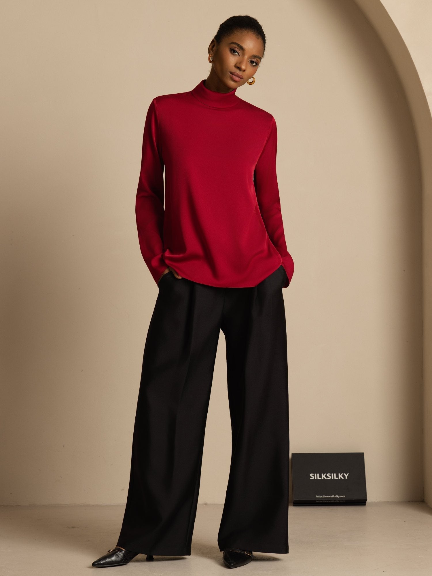 [Wine] SilkSilky 19Momme Silk Long Sleeve Turtle Neck Women's T-Shirt 001