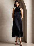 SilkSilky US 19Momme Silk Blend Sleeveless High Neck Dress Black 001