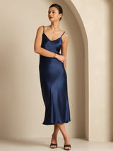 [Dark Blue] SilkSilky Spaghetti Strap V Neck Dress 001