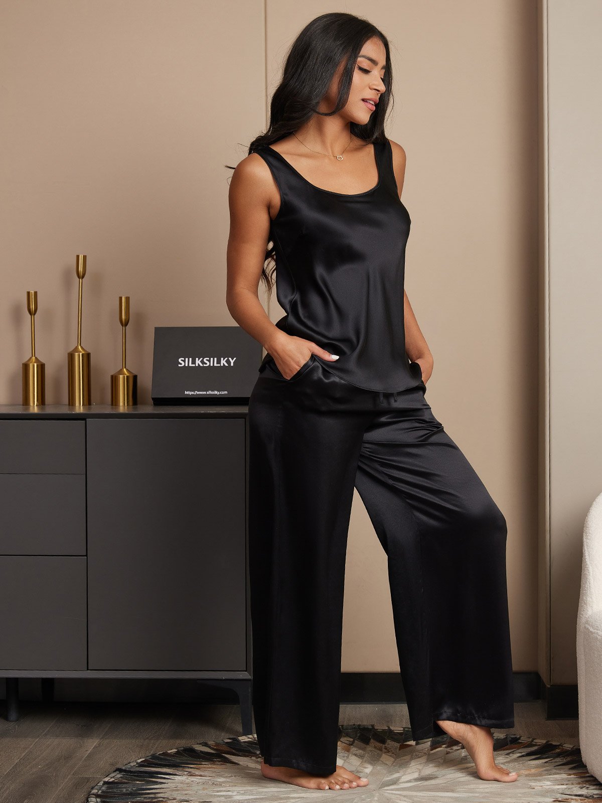 [Black] SilkSilky  Pure Silk Boat Neck Camisole Set 004