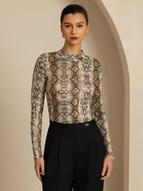 [Snakeskin] SilkSilky 100% Silk Jersey Long Sleeve Mock Neck Women's T-Shirt 001