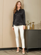 [Black] SilkSilky  19Momme Stretch Silk Charmeuse Long Sleeve Lapel Collar Women's Shirt 005