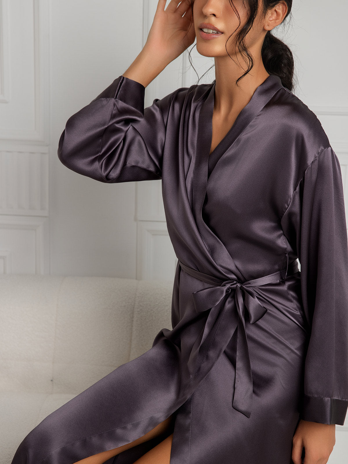 SilkSilky  Pure Silk Long Sleeve Womens Robe PurpleGray 007