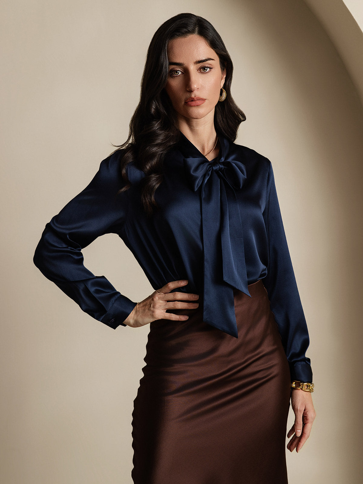 [Dark Blue] SilkSilky 19Momme Silk Long Sleeve Tie Neck Women's Shirt 004