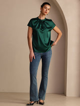 [Dark Green] SilkSilky Short Sleeve Split Women's Blouse 006