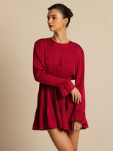 [Wine] SilkSilky  19Momme Silk Long Sleeve Round Neck Dress 008