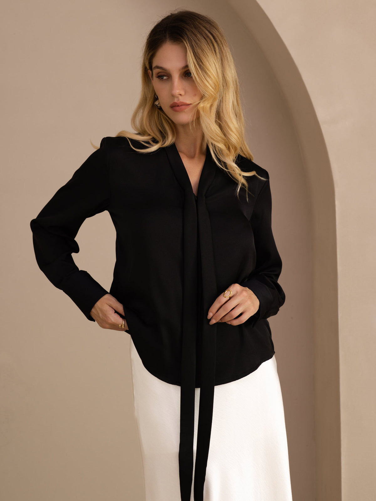 [Black] SilkSilky  Long Sleeve Tie Neck Women's Blouse 002