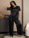 SilkSilky US Pure Silk Short Sleeve Womens Pajamas Black 004