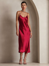 [Wine] SilkSilky  Pure Silk Spaghetti Strap V Neck Dress 004