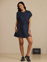 [Dark Blue] SilkSilky 18Momme Silk Satin Surah Cap Sleeve Henley Neck Dress 006