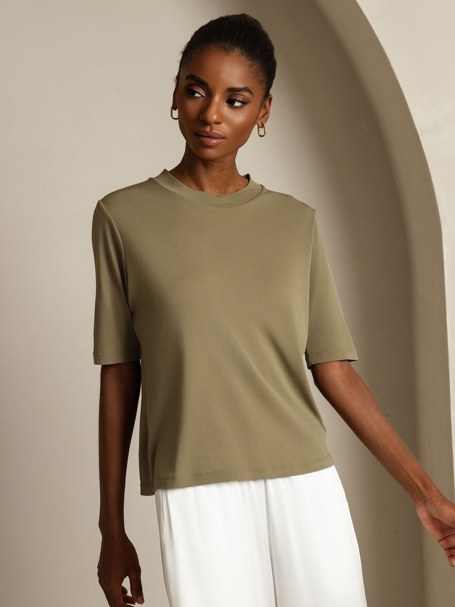 [Burnt Olive] SilkSilky  Pure Silk Round Neck Women's T-Shirt 007