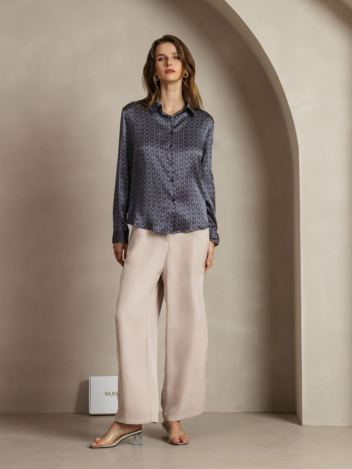 [Navy Ginkgo] SilkSilky  Silk Lapel Collar Women's Shirt 007