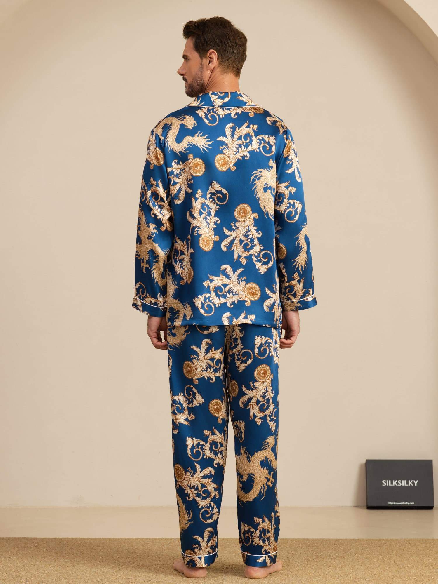 [Navy Dragon] SilkSilky Long Sleeve Notch Collar Men's Pajamas 002