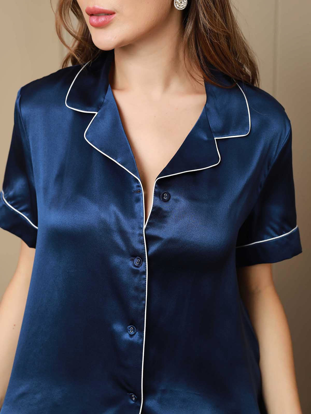 SilkSilky  Pure Silk Short Sleeve Lapel Women's Pajamas DarkBlue 007