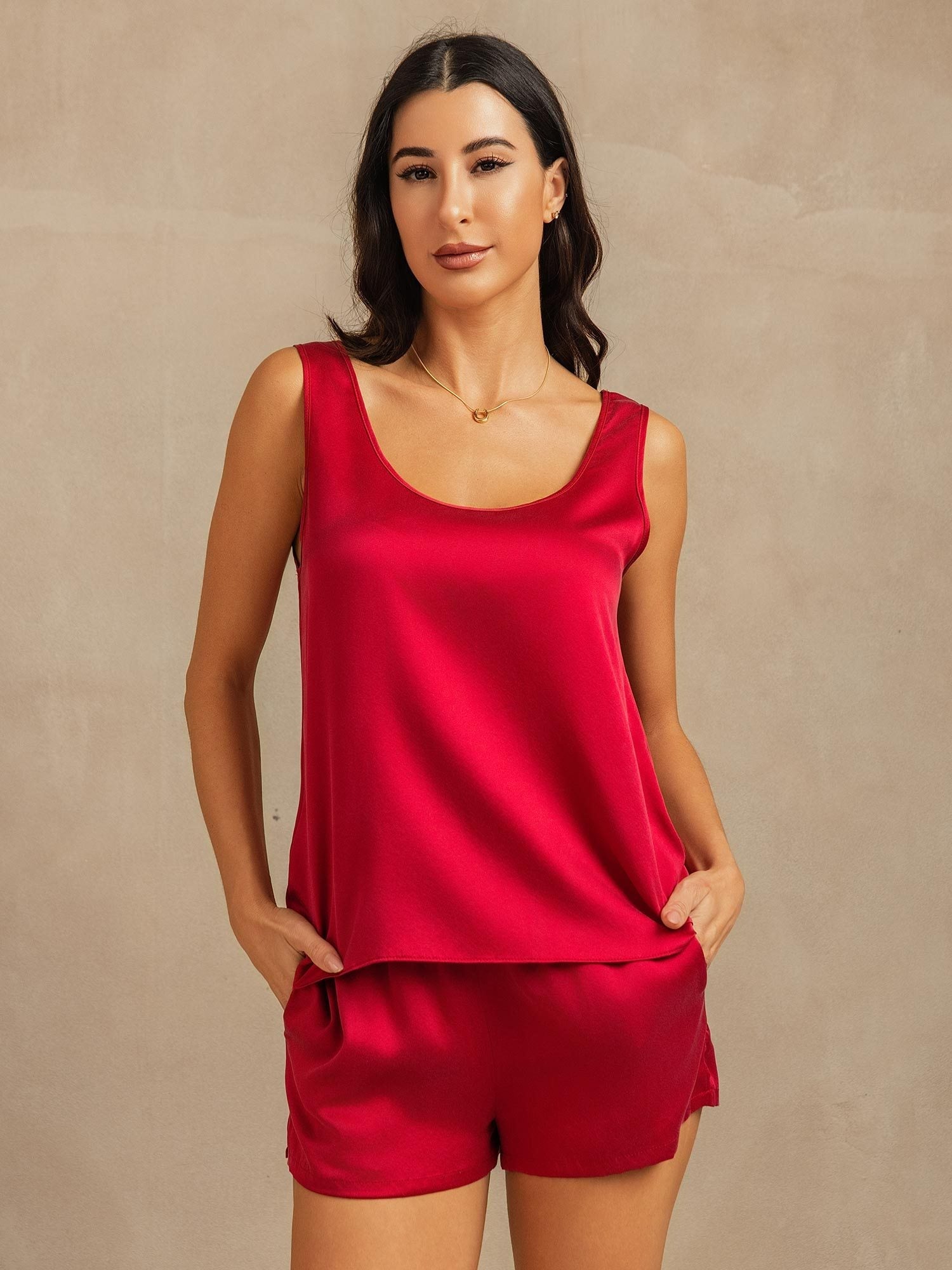 [Wine] SilkSilky 19Momme Silk U Neck Women's Pajamas 001