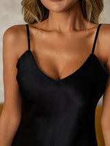 [Black] SilkSilky  Pure Silk Spaghetti Strap V Neck Nightgown 004