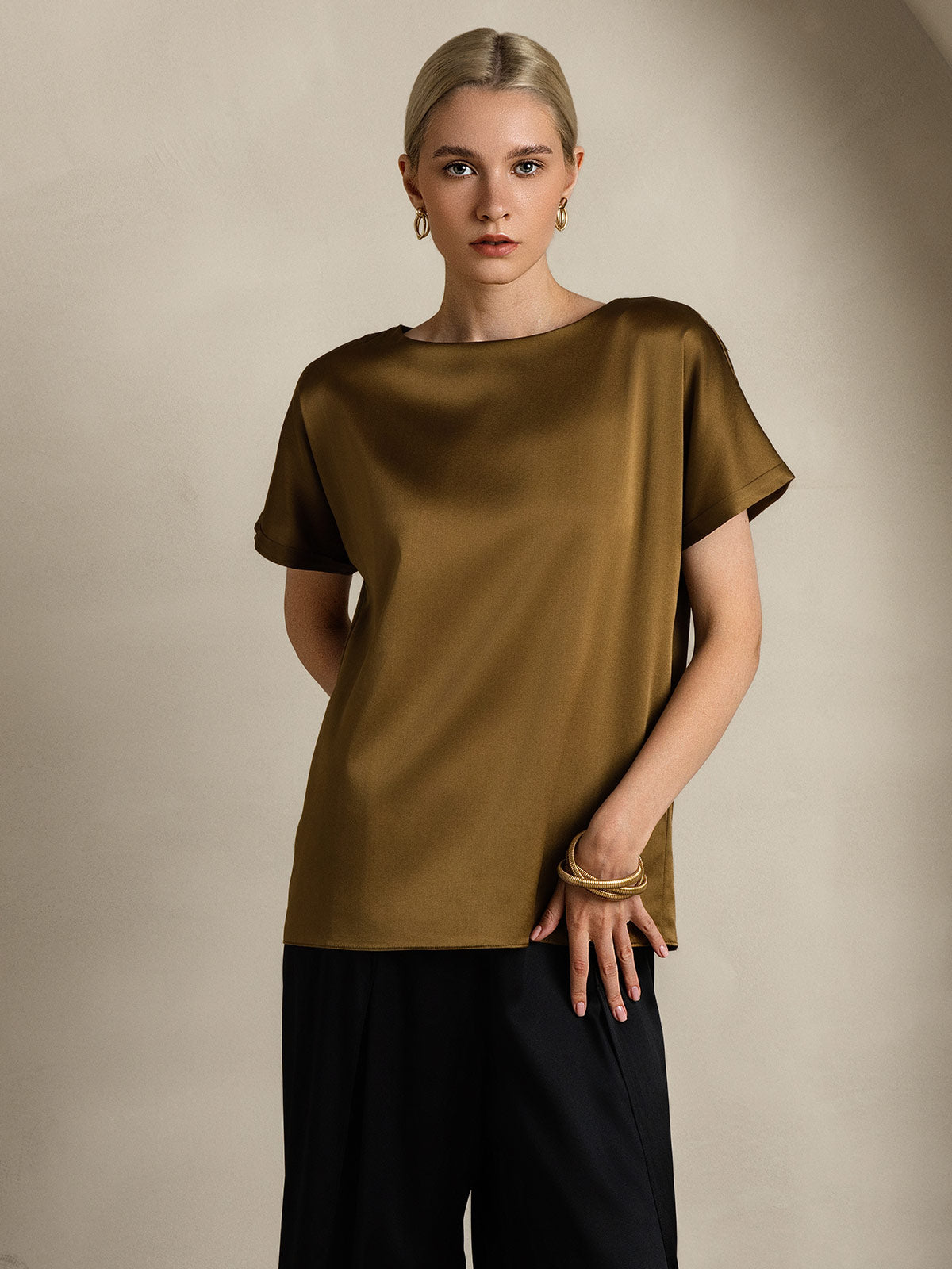[Brown] SilkSilky  19Momme Silk Round Neck Women's T-Shirt 006