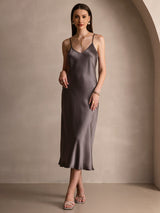 [Dark Khaki] SilkSilky  Pure Silk Spaghetti Strap V Neck Dress 003