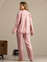 [Peach Skin] SilkSilky  19Momme Machine-Washable Silk Long Sleeve Notch Collar Women's Pajamas 002