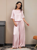 SilkSilky US Pure Silk Half Sleeve Round Neck Women's Pajamas Pink 003