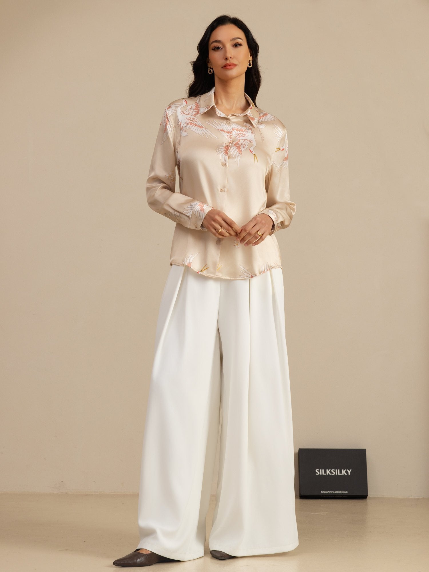 [Champagne] SilkSilky  19Momme Long Sleeve Lapel Collar Women's Shirt 008