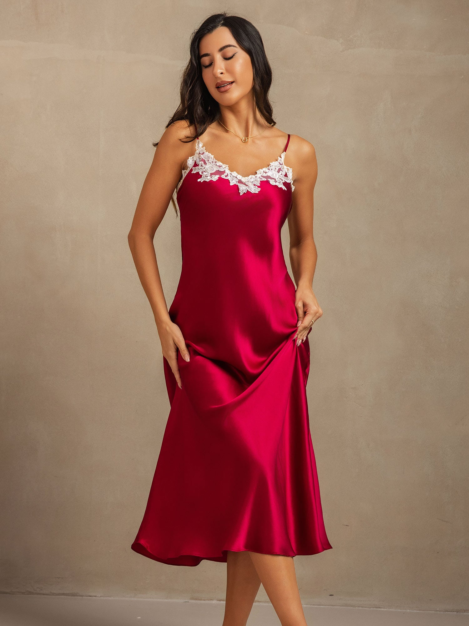 [Wine] SilkSilky  19Momme Pure Silk V Neck Dress 001