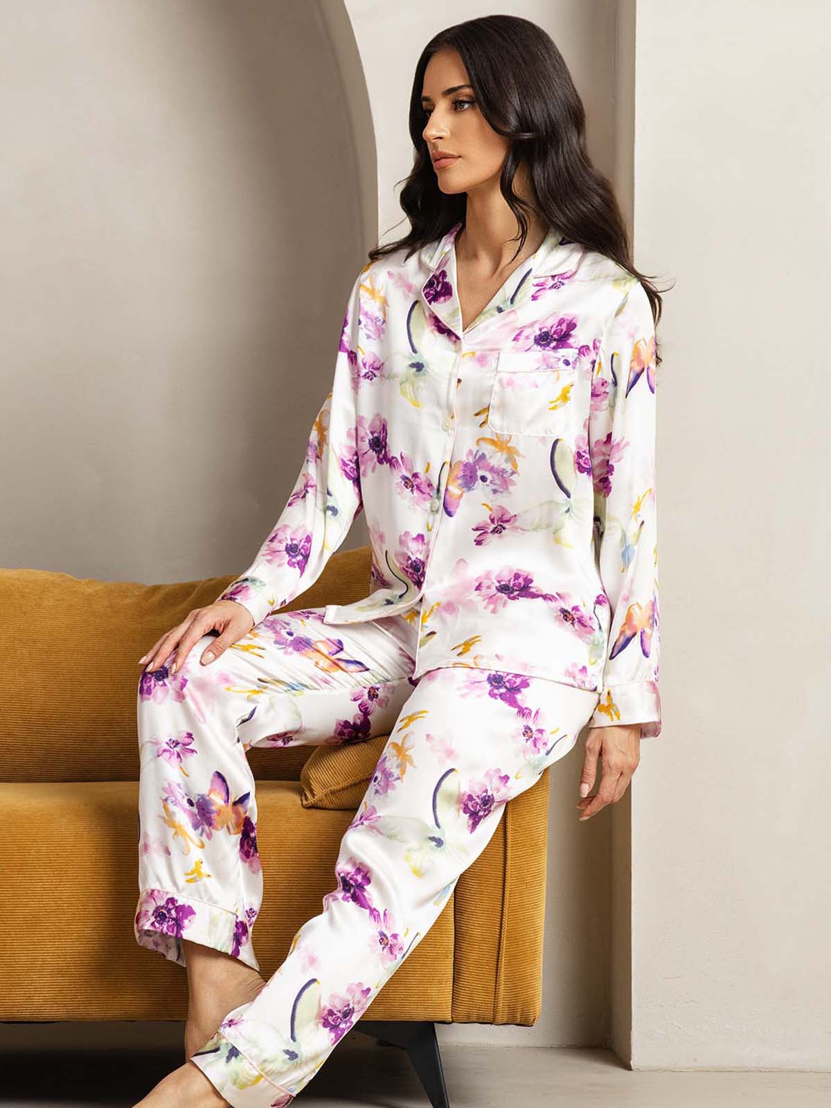 [Watercolor Floral] SilkSilky  Pure Silk Womens Pajamas 005
