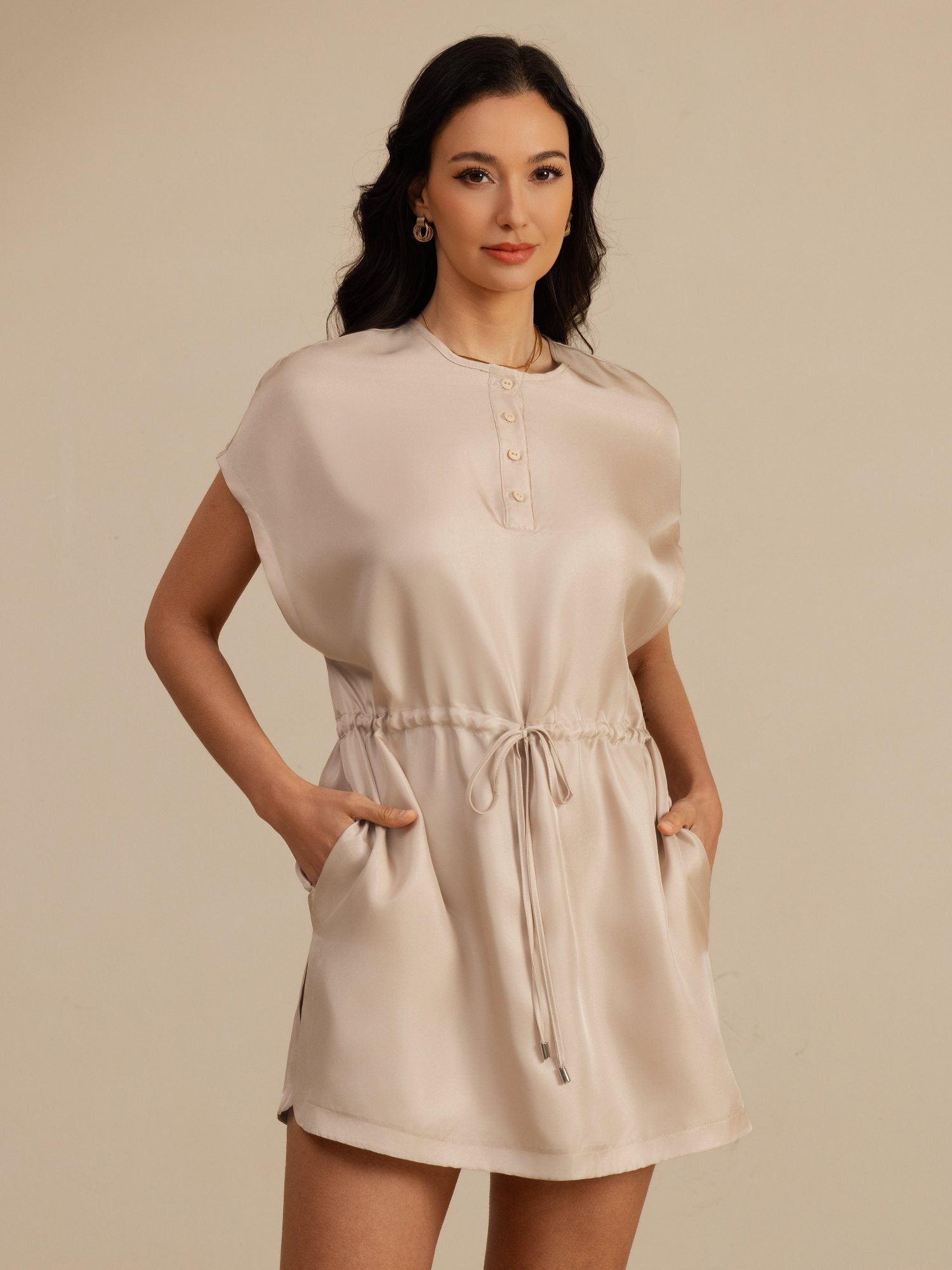 [Tan] SilkSilky 18Momme Silk Satin Surah Cap Sleeve Henley Neck Dress 001