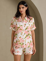 [White Peony] SilkSilky Short Sleeve Notch Collar Women's Pajamas 004