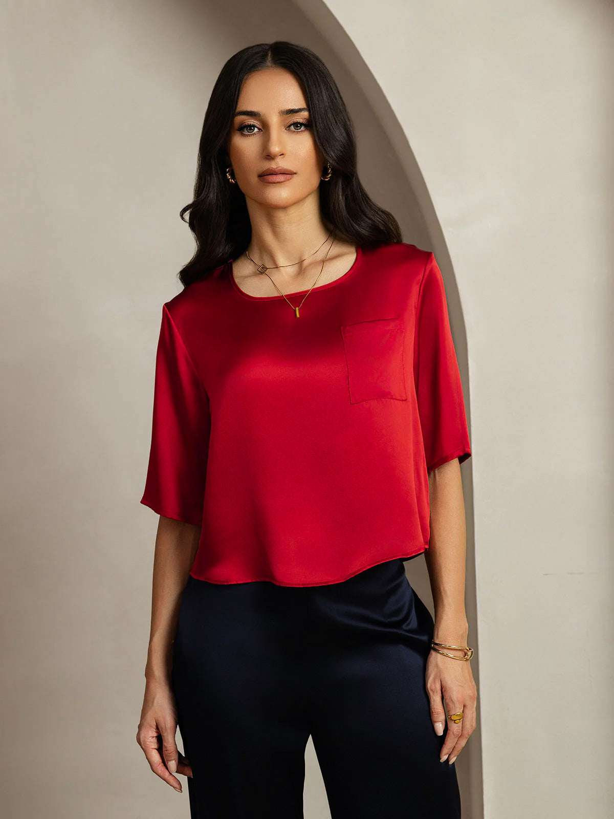 [Dark Red] SilkSilky  Pure Silk Boat Neck Women's T-Shirt 003