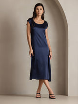 [Dark Blue] SilkSilky  19Momme Stretch Silk Charmeuse Cap Sleeve Scoop Neck Dress 004