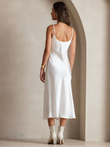 [White] SilkSilky  Pure Silk Spaghetti Strap V Neck Dress 002