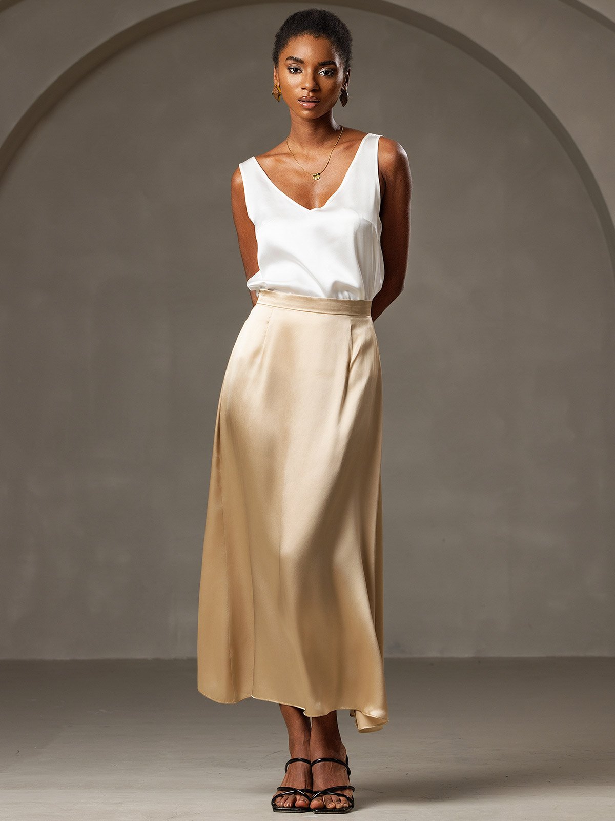 SilkSilky US 19Momme Silk Blend Skirt Champagne 001