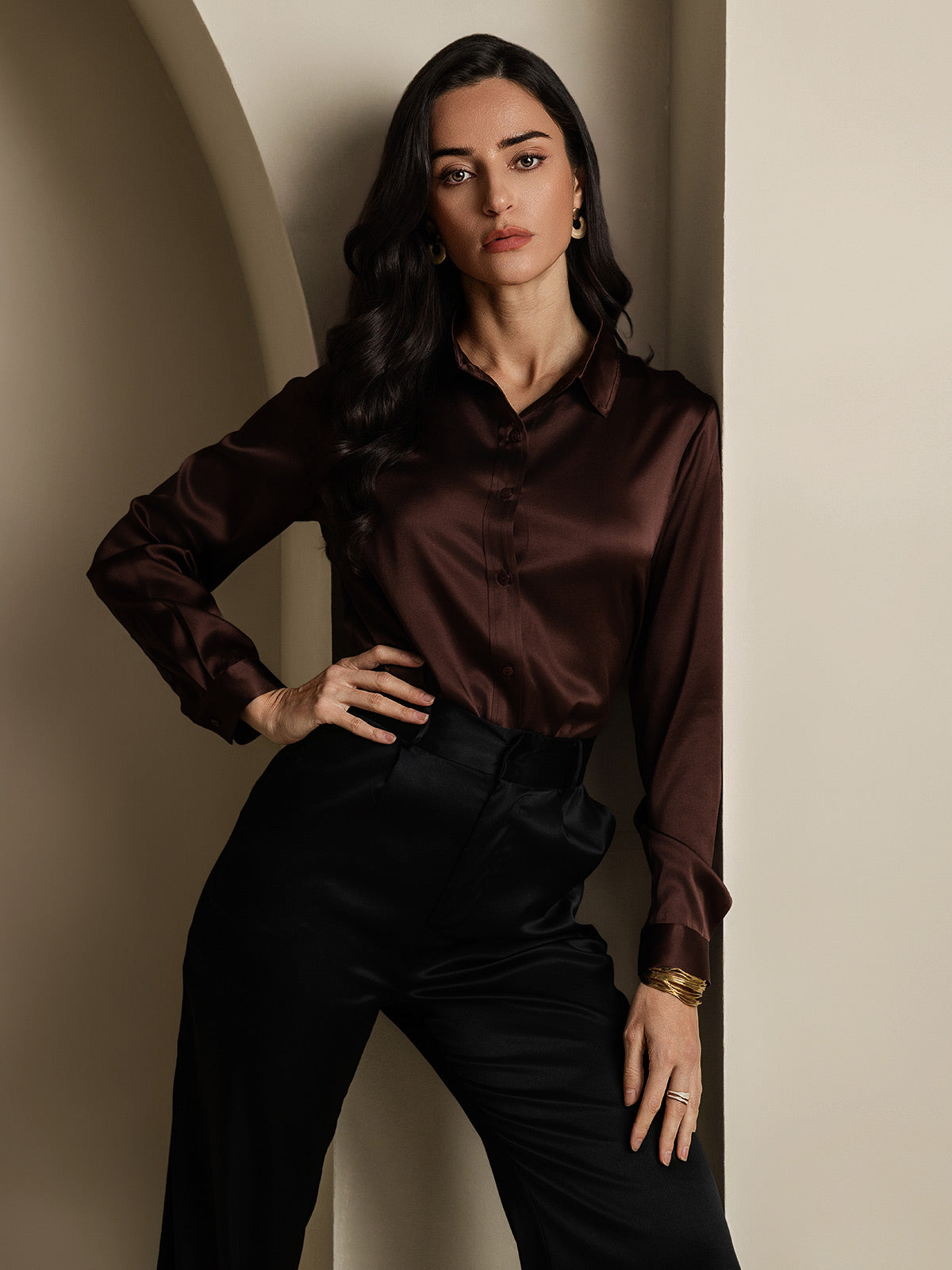 SilkSilky  19Momme Silk Long Sleeve Collar Women's Shirt Coffee 005