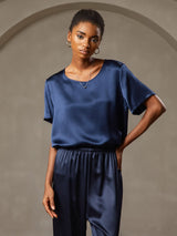 [Dark Blue] SilkSilky  Short Sleeve Round Neck Women's T-Shirt 001
