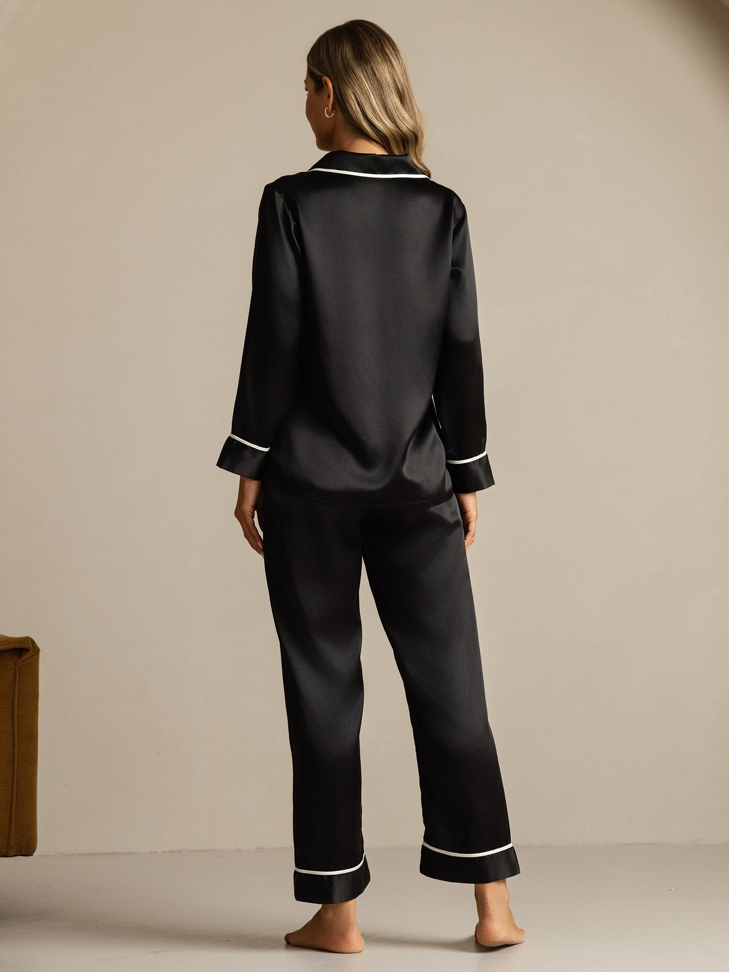 [Black] SilkSilky Pure Silk Lapel Collar Women's Pajamas 002