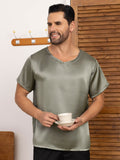 SilkSilky US Pure Silk Short Sleeve V Neck Men's T Shirt GrayishGreen 004