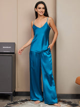 [Teal] SilkSilky  Spaghetti Strap V Neck Camisole Set 004