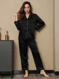 SilkSilky  Pure Silk Long Sleeve Lapel Women's Pajamas Black 003